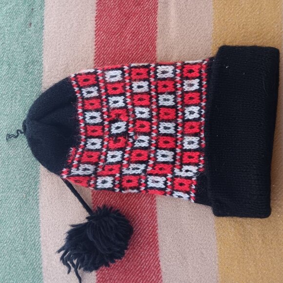 True Vintage Knit Beanie Hat Pom-Pom Tassel - 1970\'s Cottage Hippy Geometric main image 5